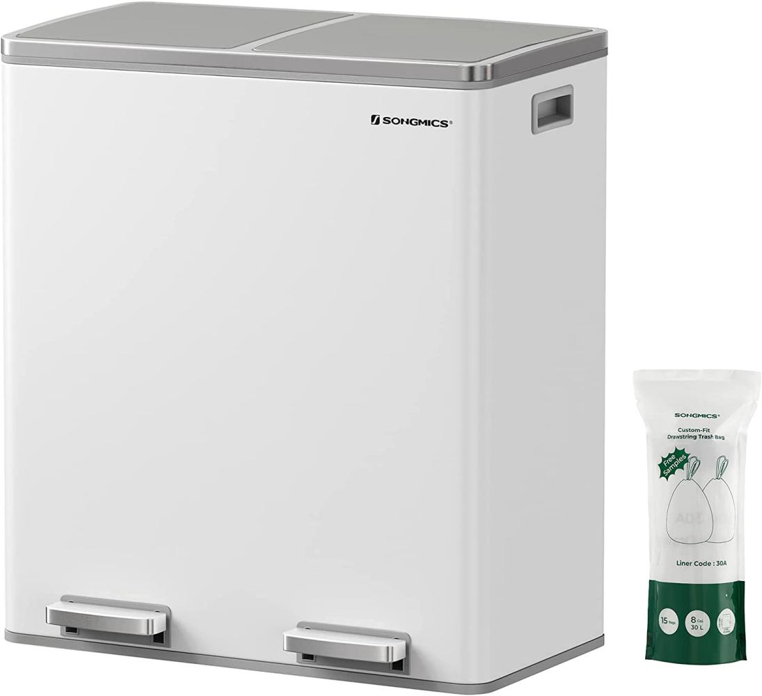 Songmics Mülleimer mit 2 Fächern und Softclose, luftdicht inkl. Müllbeutel, Metall, 60 (2x30) Liter, Weiß Bild 1