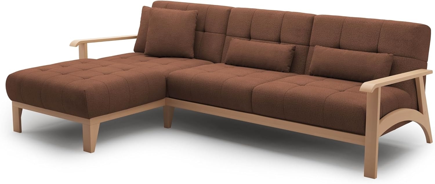 Cavadore Ecksofa Billan / Schlafsofa im skandinavischen Design mit Longchair, Bett und massivem Holzgestell in Buche / 264 x 88 x 183 / Mehrfarbiger Strukturstoff, Rot-Braun Bild 1