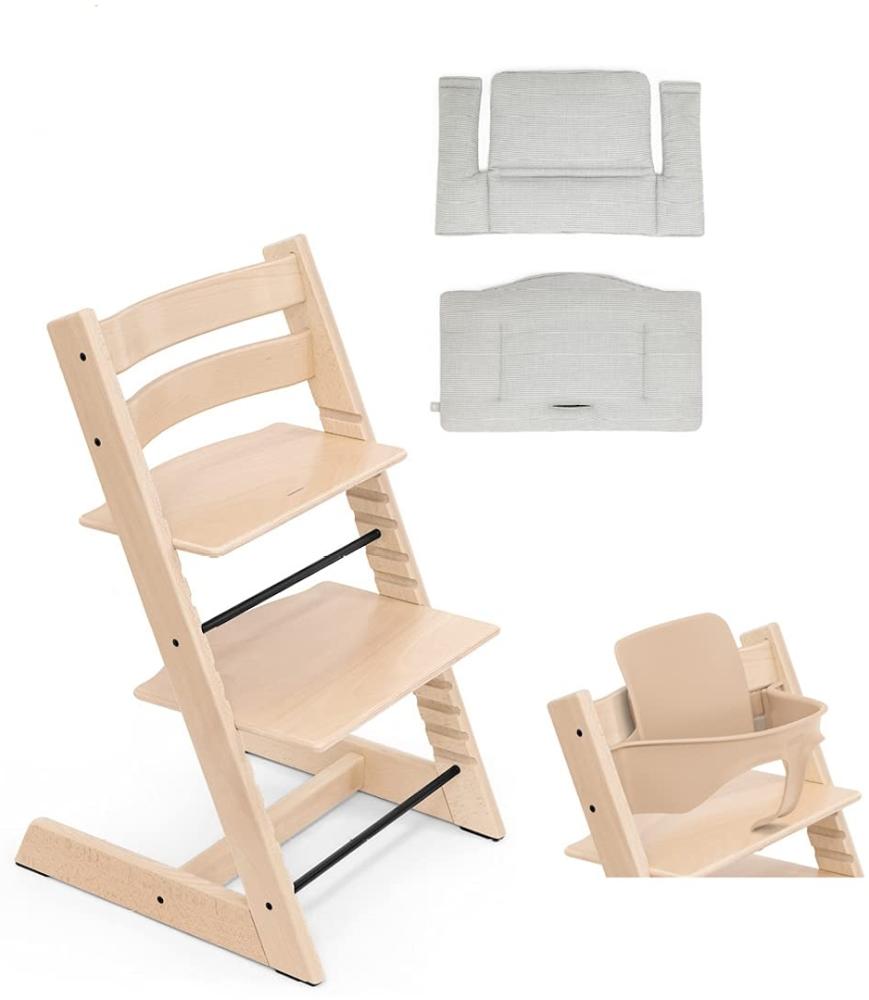 Stokke 'Tripp Trapp' Hochstuhl, natur, höhenverstellbar, Buche, inkl. Classic Kissen & Babyset in nordic grey Bild 1