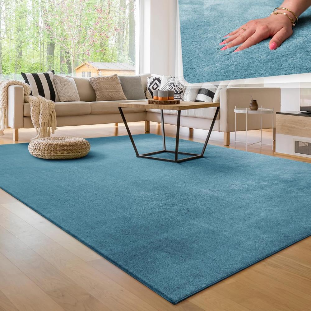 Paco Home Waschbarer Teppich Wohnzimmer Schlafzimmer Kurzflor rutschfest Flauschig Weich Moderne Einfarbige Muster, Grösse:140x200 cm, Farbe:Türkis Bild 1
