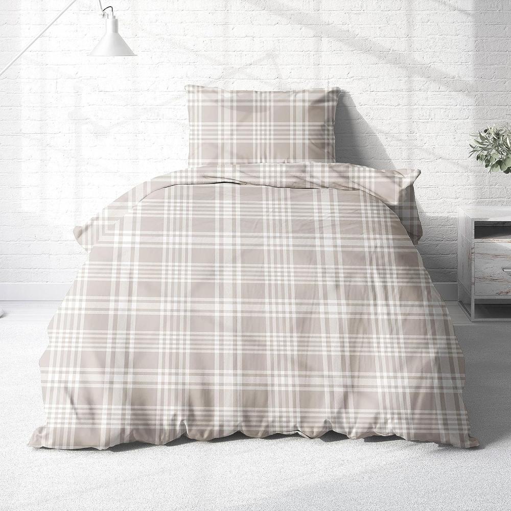 Träumschön Bettwäsche Biber 135x200 cm oder 155x220 cm, beige, grau oder blau kariert, Biber, 2 teilig, mit Reißverschluss, 100% Baumwolle, kuschelig warm im Winter Bild 1