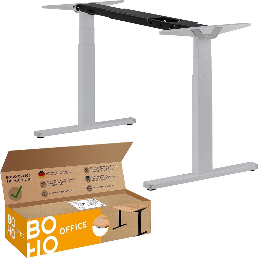 boho office® Premium Line - TÜV geprüfter, elektrisch stufenlos höhenverstellbarer Schreibtisch in Silber (RAL9006) mit Kollisionschutz, Memoryfunktion und Softstart/Stop Funktion ohne Tischplatte Bild 1