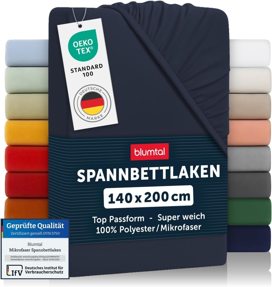 Blumtal® Spannbettlaken 140x200 cm - Bettlaken 140x200 aus Microfaser - Oekotex zertifiziertes Spannbetttuch 140x200 cm / 140x200 Spannbettlaken - Bettspanntuch 140x200/Laken - Dark Ocean Blue - Blau Bild 1