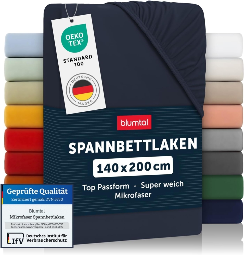 Blumtal® Spannbettlaken 140x200 cm - Bettlaken 140x200 aus Microfaser - Oekotex zertifiziertes Spannbetttuch 140x200 cm / 140x200 Spannbettlaken - Bettspanntuch 140x200/Laken - Dark Ocean Blue - Blau Bild 1