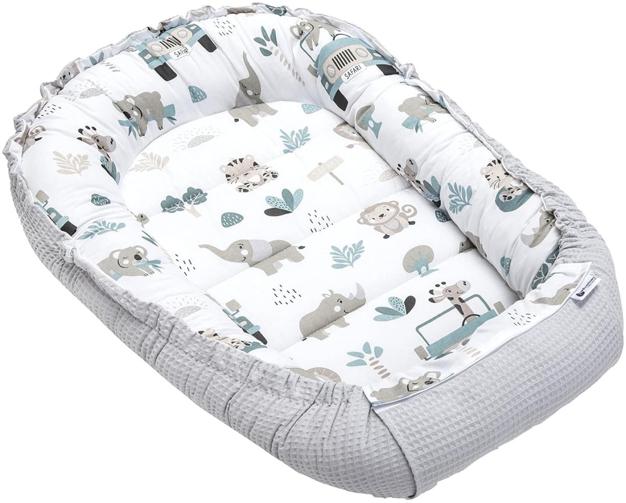 Medi Partners Babynest Kuschelnest Babynestchen 100% Baumwolle Waffle Nestchen Reisebett für Babys Säuglinge 100x60x15cm Sicherer Verschluss (‎Mint Zoo mit Grauer Waffel) Bild 1