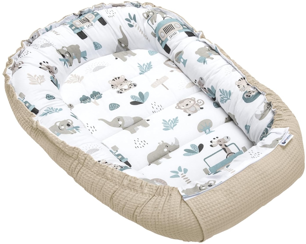 Medi Partners Babynest Kuschelnest Babynestchen 100% Baumwolle Waffle Nestchen Reisebett für Babys Säuglinge 100 x 60 x 15 cm Sicherer Verschluss (‎Mint Zoo mit Grauer Waffel) Bild 1