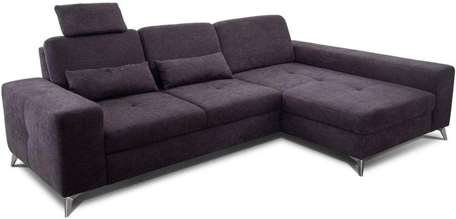 CAVADORE Ecksofa Bali / Trendige Sofaecke mit Longchair rechts & Federkern / Inkl. Sitztiefenverstellung, Kopfstütze & Nierenkissen / 286 x 92 x 176 / Flachgewebe: Dunkelgrau Bild 1