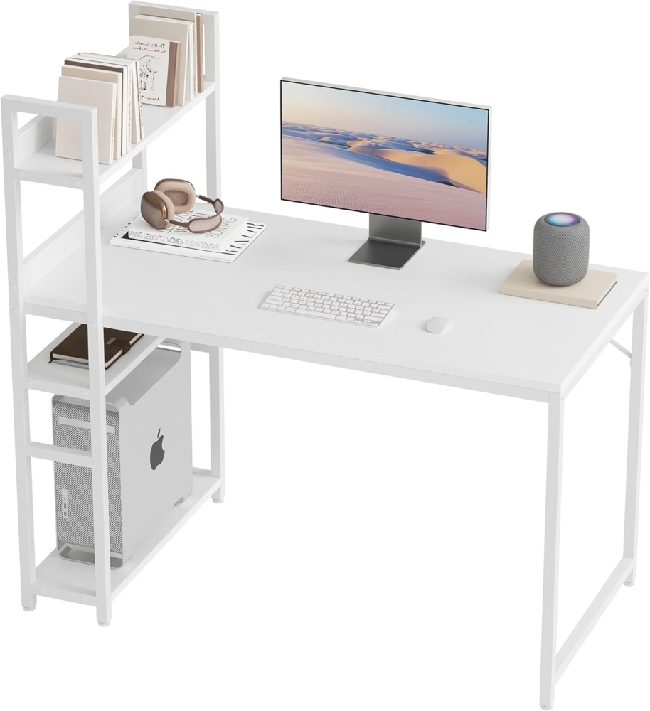 CubiCubi Schreibtisch, 120x60 cm Groß Computertisch mit Regal rechts oder Links, Pc Gaming Tisch, Bürotisch fürs Büro Wohnzimmer, Stabil Stahlgestell schreibtische, Weiß Bild 1