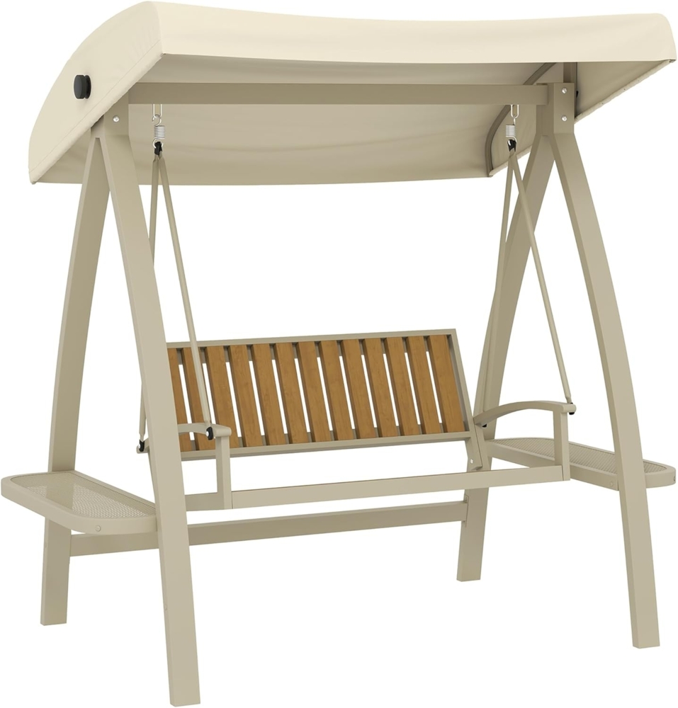 Outsunny Hollywoodschaukel mit verstellbarem Sonnendach, Seitentisch, 2-Sitzer, Schaukelfunktion, 2-Sitzer Gartenschaukel, 1 tlg, Schaukelbank, bis 240kg, für Garten, Terrasse, 200 x 120 x 190cm, Beige Bild 1
