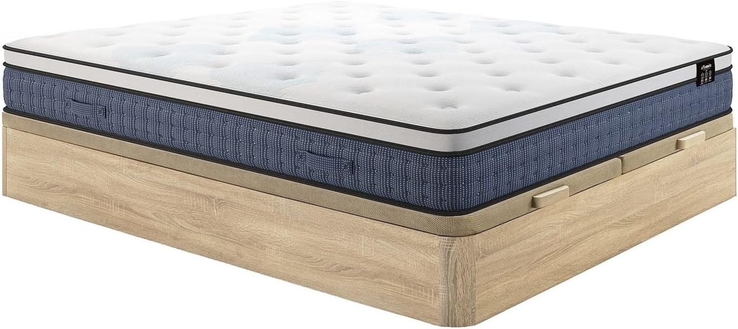 Vente-unique - Bett-Set 180x200 cm - Bettkasten Natur hell + Taschenfederkernmatratze 7 Zonen + Memory-Gel - 23 cm - VARNO von YSMÉE Bild 1