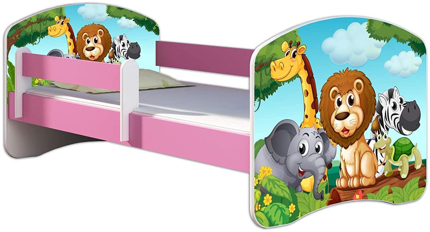 Kinderbett Jugendbett mit einer Schublade und Matratze Rausfallschutz Rosa 70x140 80x160 80x180 ACMA II (02 Animals, 70x140 cm) Bild 1