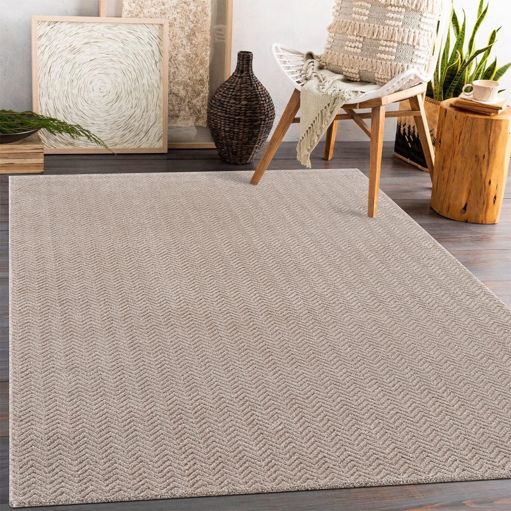 Teppich Wohnzimmer - Beige - 140x200cm - Meliert Muster - Einfarbig - Hoch Tief Effekt - Kurzflor Weich Schlafzimmer Kinderzimmer Dekoration - Deko Teppiche Bild 1