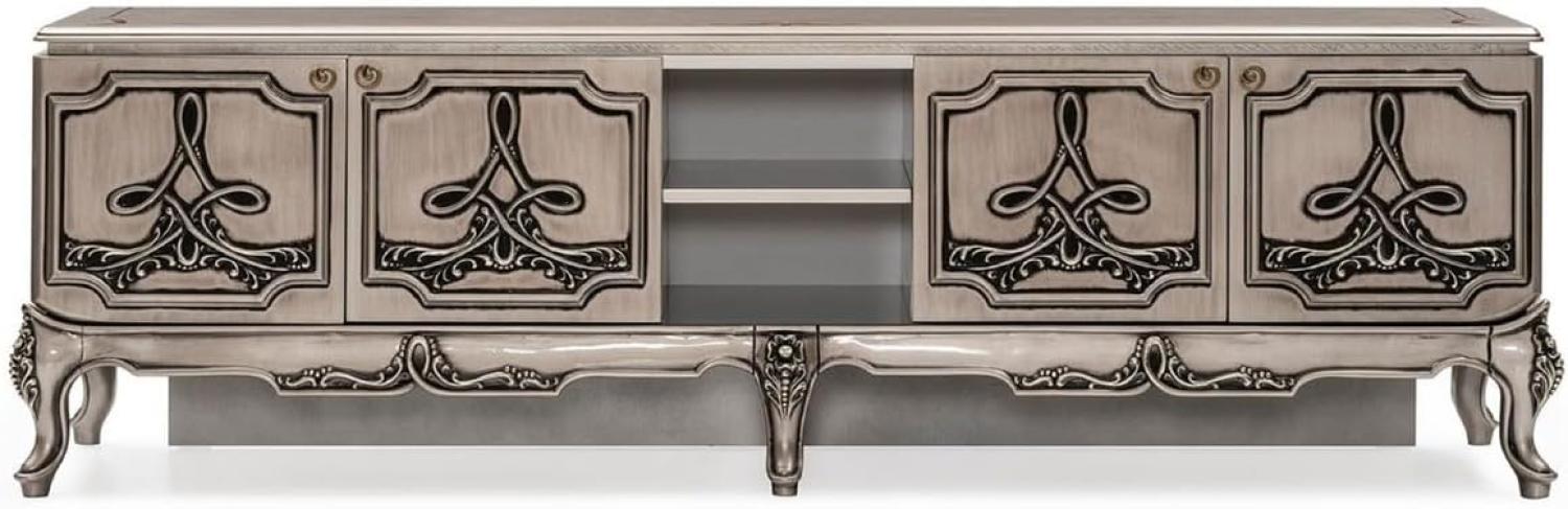 Casa Padrino Luxus Barock TV Schrank Silber - Prunkvolles Massivholz Sideboard mit 4 Türen - Luxus Wohnzimmer Möbel im Barockstil - Barock Möbel - Edel & Prunkvoll Bild 1