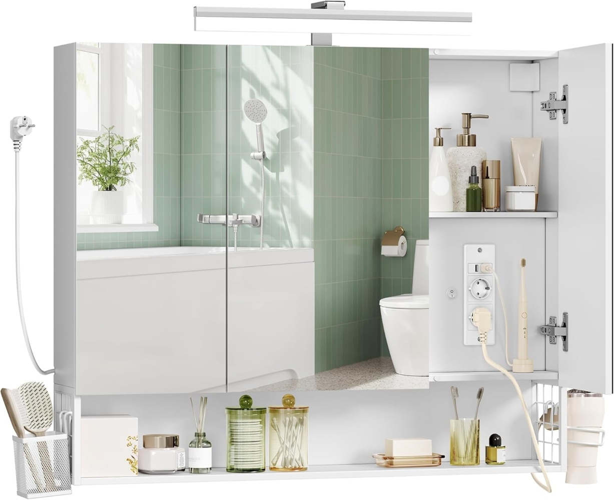 VASAGLE Badezimmerschrank mit 3 Türen, Spiegelschrank, Wandschrank, Steckdosen, Hängekorb, Haartrockner-Halter, viel Stauraum, für Badezimmer, 16,5 x 90 x 75 cm, wolkenweiß BBK136W01 Bild 1