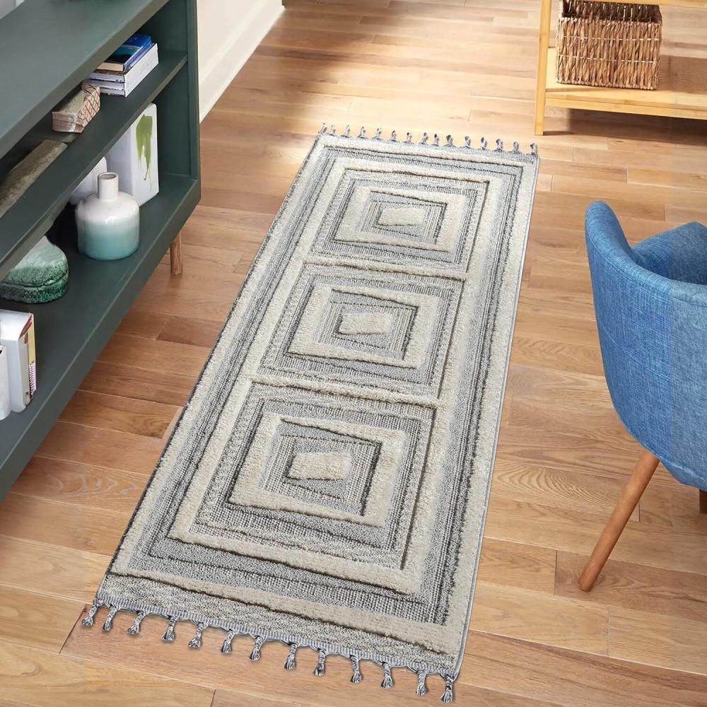 carpet city Teppich Läufer Boho Flur - Graublau, Creme - 80x300 cm - Bordüre - Relief-Optik, 3D-Effekt - Cut-&Loop, Sisal - Moderne Fransen-Teppiche Schlafzimmer Bild 1