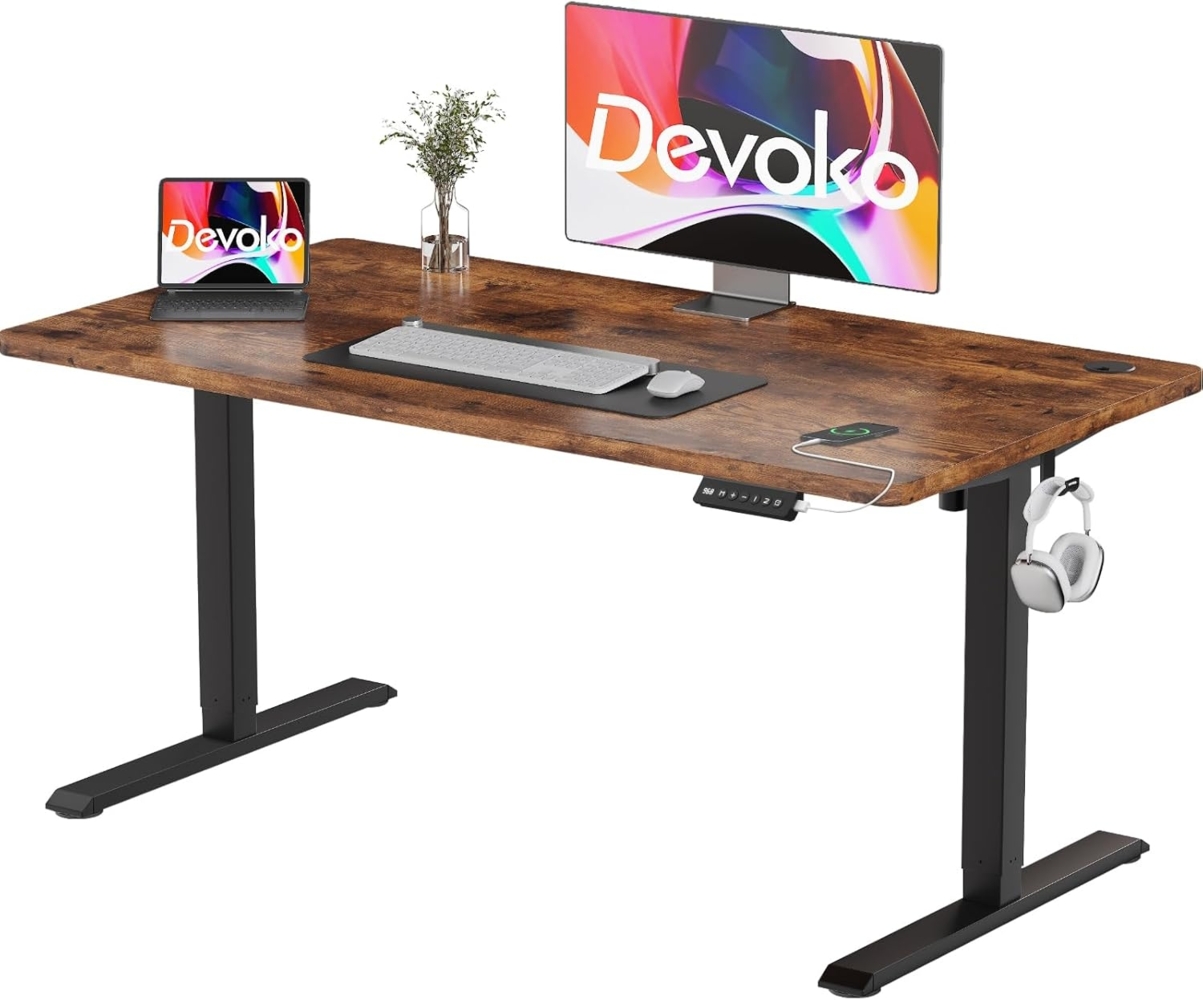 Devoko 120x60 cm, höhenverstellbarer Schreibtisch, elektrischer Schreibtisch mit komplettem Desktop, Höhe verstellbar 72 – 116 cm, 4 Speicherhöhen, Büroschreibtisch, Kollisionsschutz (Vintage Braun) Bild 1