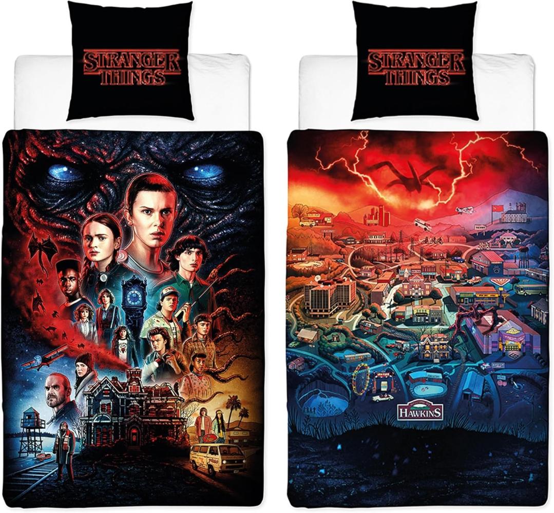 BERONAGE Wendebettwäsche Stranger Things Hawkins Bettwäsche Linon / Renforcé, 100% Baumwolle, 2 teilig, 135x200 + 80x80 cm Bild 1