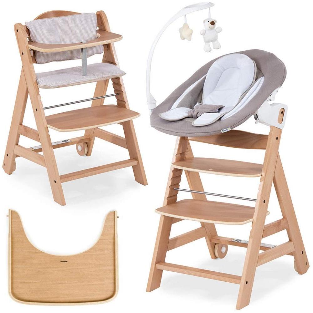 Hauck Beta Plus Newborn Set Deluxe - Baby Holz Hochstuhl ab Geburt mit Liegefunktion - inkl. Aufsatz für Neugeborene, Sitzpolster, Tisch - mitwachsend, verstellbar - Natur Bild 1
