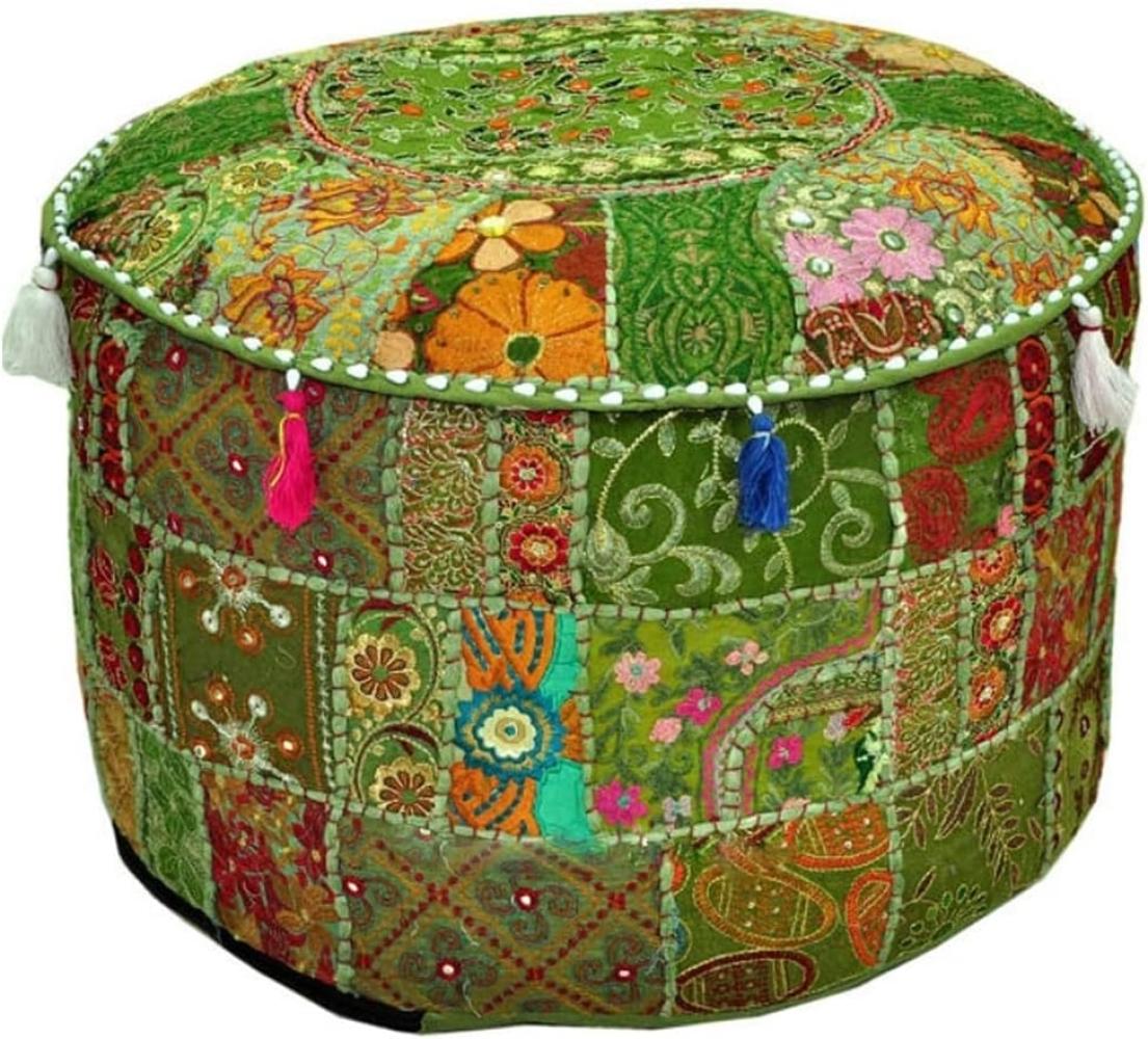 Aakriti Indian Pouf Fußhocker mit Stickerei Pouf, indische Baumwolle, Pouffe osmanischen Pouf Cover mit ethnischem Dekor Kunst - Cover (Green, 46x33 cms) Bild 1