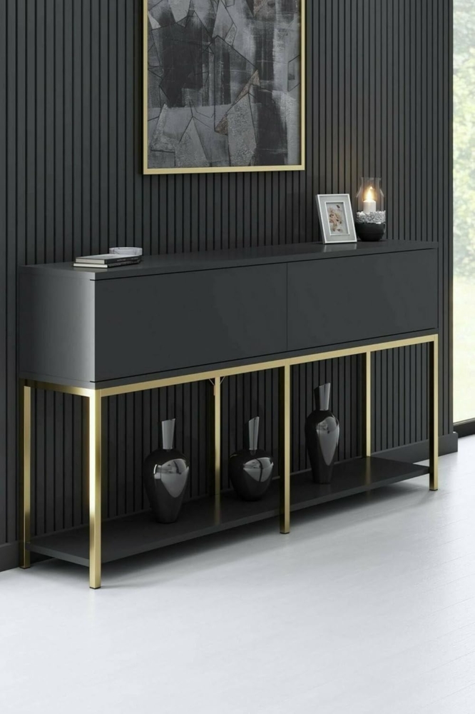 Dmora - Kommode Altair, Wohnzimmerbuffet, Wohnzimmer-Sideboard, Moderne Küchen-Speisekammer, 150x30h80 cm, Anthrazit und Gold Bild 1