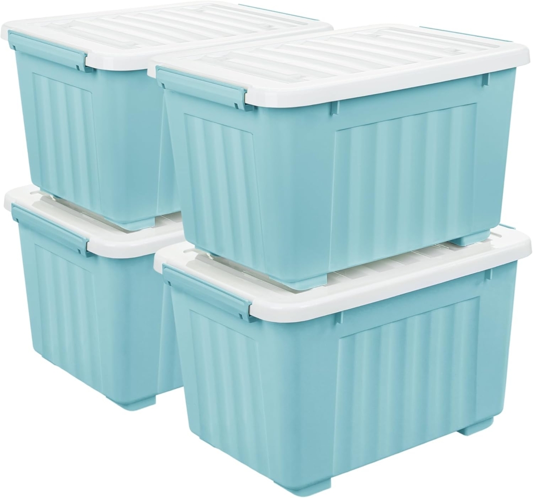 Cetomo 35L*4 Aufbewahrungsboxen mit Deckeln, Kunststoff-Aufbewahrungsbox mit Rollen und Clips, Kunststoffbox für Zuhause und Büro, BPA-frei, Nestbar, Stapelbar, Blau, 35L-4er Pack Bild 1