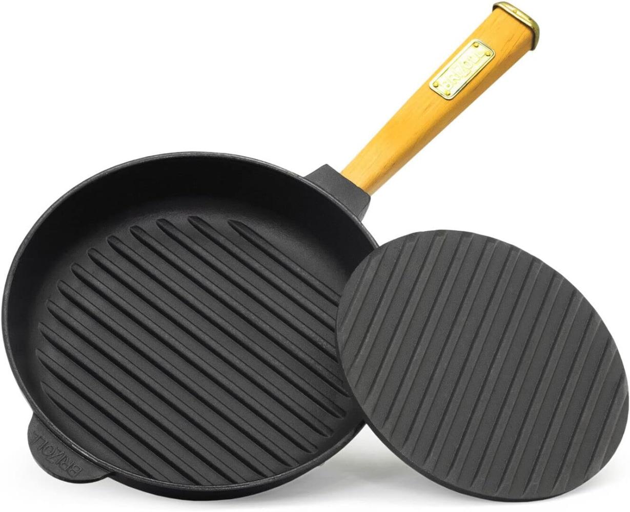 Ø24cm Grillpfanne Gusseisen mit Pressdeckel Induktion Holzgriff Bratpfanne Pfanne Feuerpfanne Bild 1