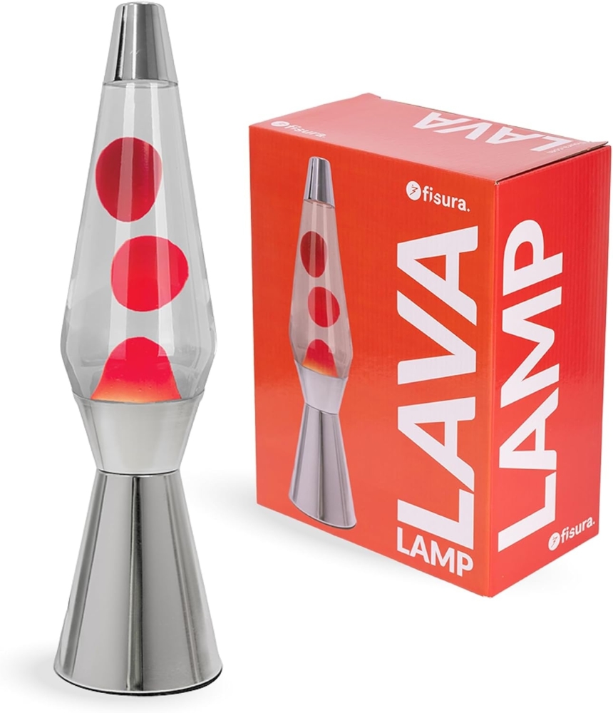 Fisura - Rote Lavalampe mit verchromtem Sockel, roter Lava und klarem Flüssigkeit. Retro-Design mit Ersatzbirne, perfekt für eine besondere Atmosphäre. Maße: 11,5 x 11,5 x 40 cm. Bild 1
