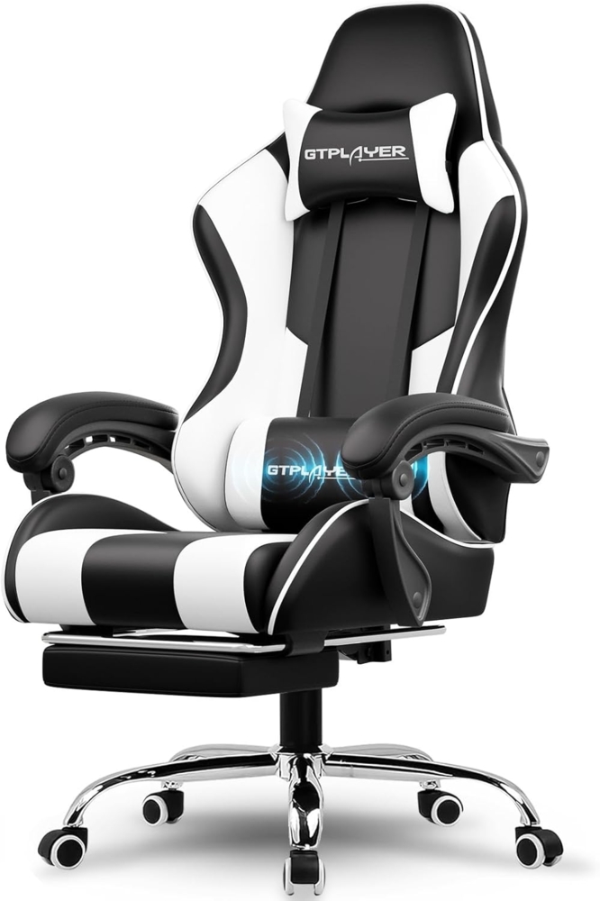 GTPLAYER Gaming Stuhl Ergonomischer Schreibtischstuhl Drehstuhl, Chefsessel mit Wippfunktion, bis 136 kg belastbar, Verlängerte und Verbreiterte Rückenlehne, Weiß Bild 1