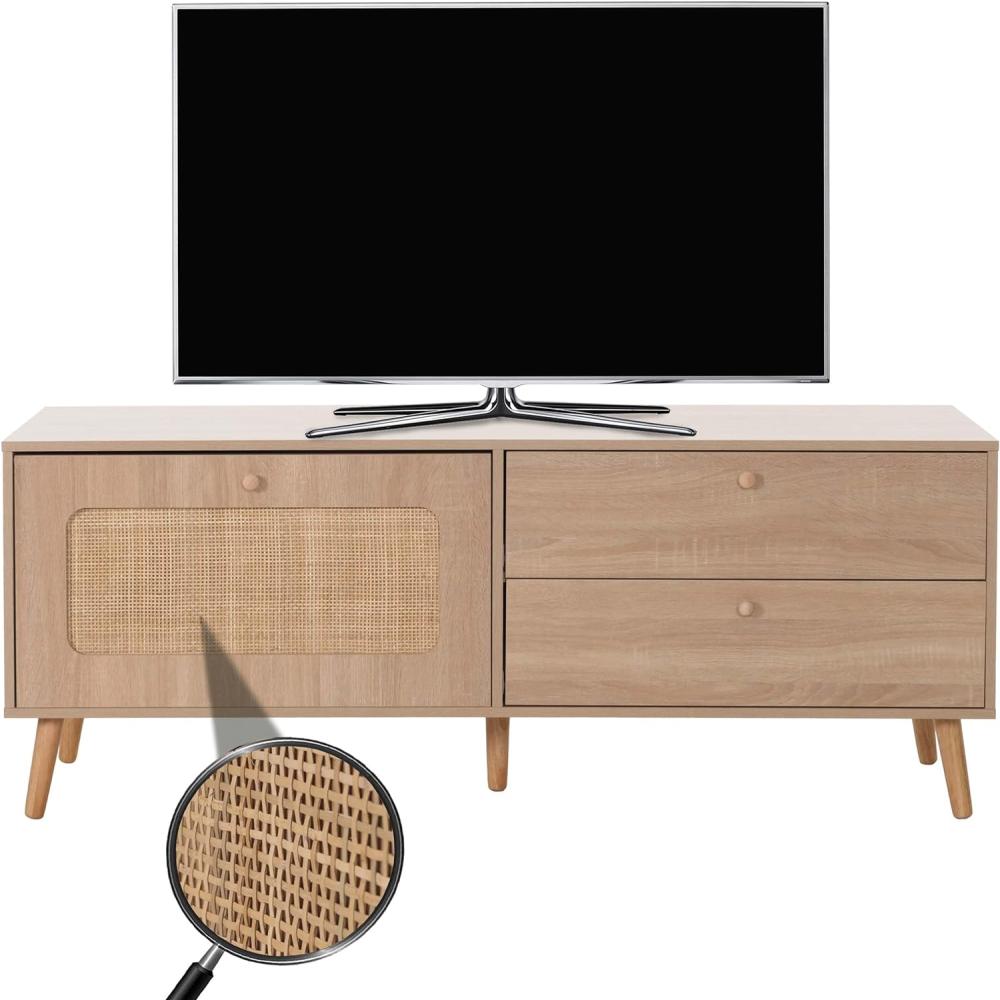 TV-Rack HWC-M38, Lowboard Fernsehtisch TV-Schrank Kommode, Schublade Türe, Kubu Rattan Holz 56x140x41cm Eiche-Optik Bild 1