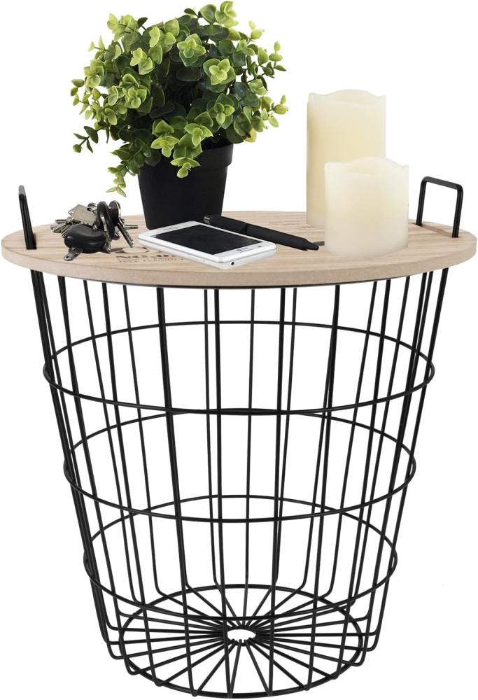 Beistelltisch Ø38xH40cm Metallkorb mit Holzplatte - Schwarz/Natur Bild 1