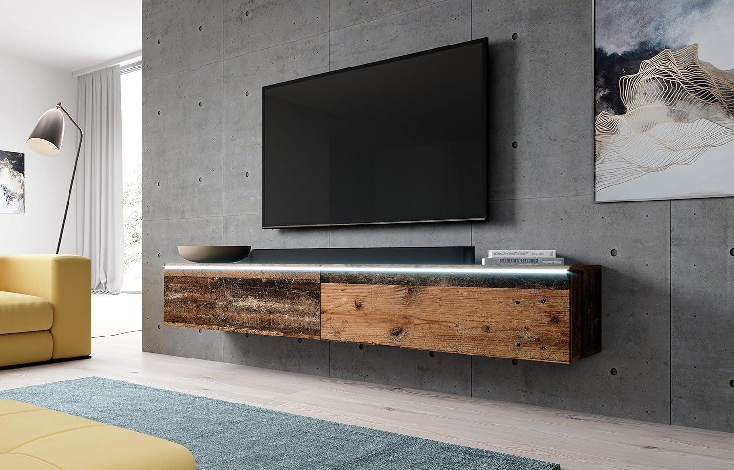 Furnix TV Lowboard Bargo Fernsehschrank Old Wood ohne LED-Beleuchtung B180 x H34 x T32 cm - TV-Schrank Kommode Sideboard, 2 Fächer mit Tür „Push-Click“, 2 offene Ablagen unten, Wandmontage möglich Bild 1
