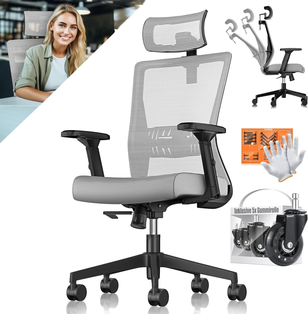 KESSER® Bürostuhl Ergonomisch mit verstellbaren Armlehnen | Drehstuhl mit Lendenwirbelstütze Rückenschonend | Schreibtischstuhl mit Kopfstütze | Office Chair Wippfunktion bis 125° mit 5X Gummirollen Bild 1