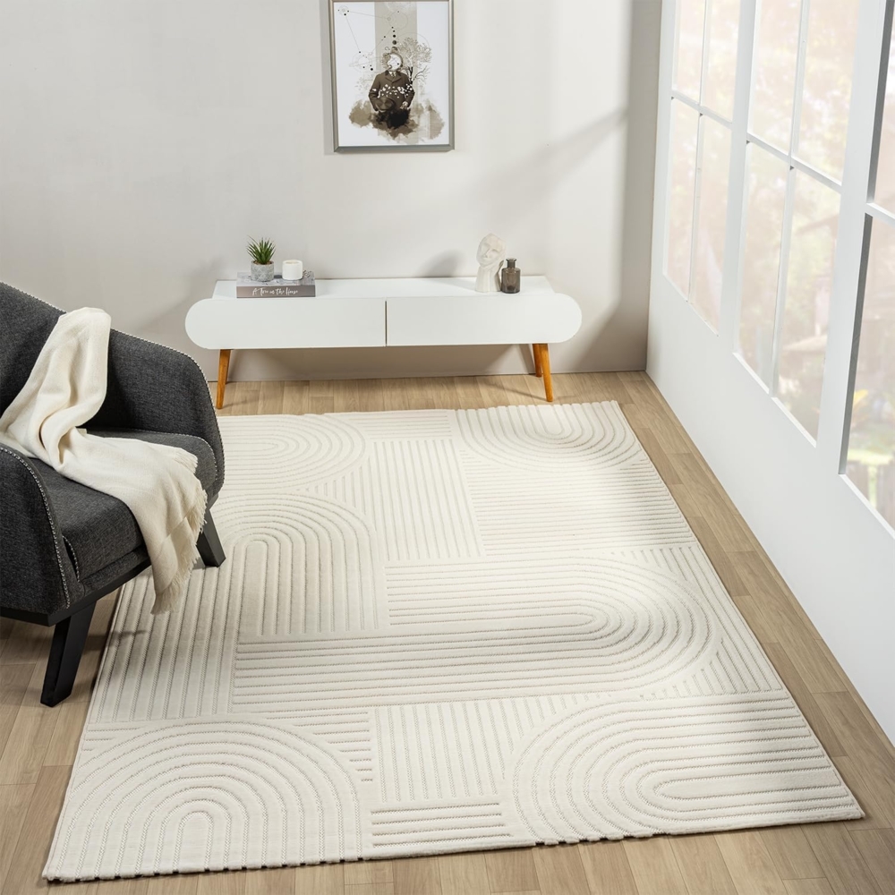 Vimoda Teppich Teppich Wohnzimmer moderner Kurzflor Einfarbig 3D, Rechteckig, Höhe: 11 mm, Läufer Skandinavisches Design neu weich in Creme weiß Bild 1