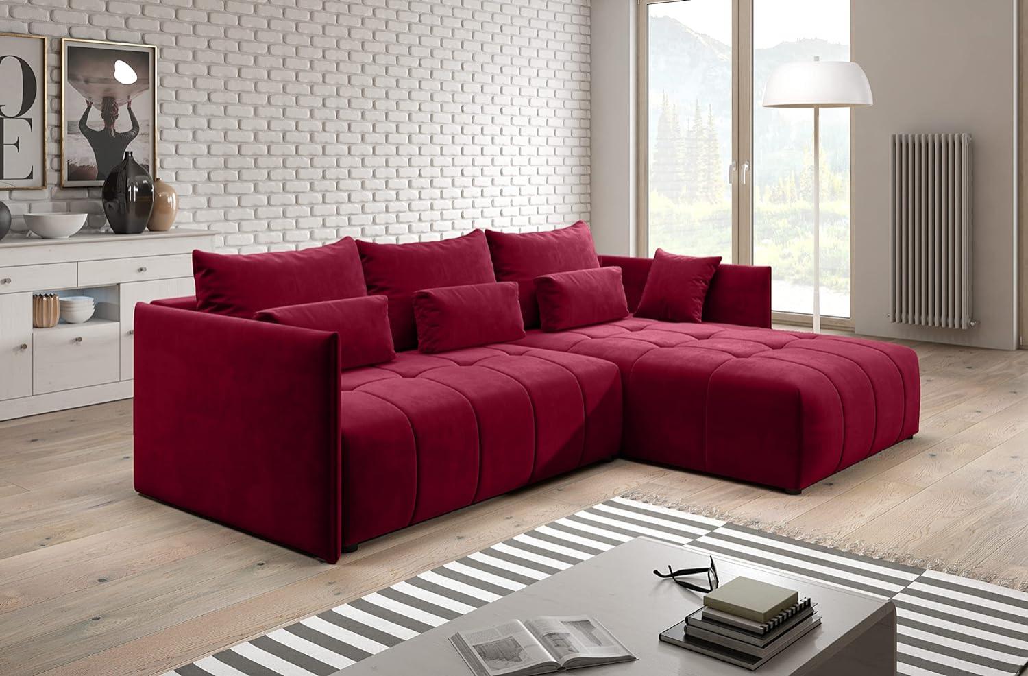 FURNIX Ecksofa Yalta mit Schlaffunktion und Bettkasten - Couch L-Form Sofa mit Kissen - Stellfüße in Chromoptik - B245 x H83 x T182 cm, Liegefläche: 147 x 232 cm - MH59 (Rot) Bild 1