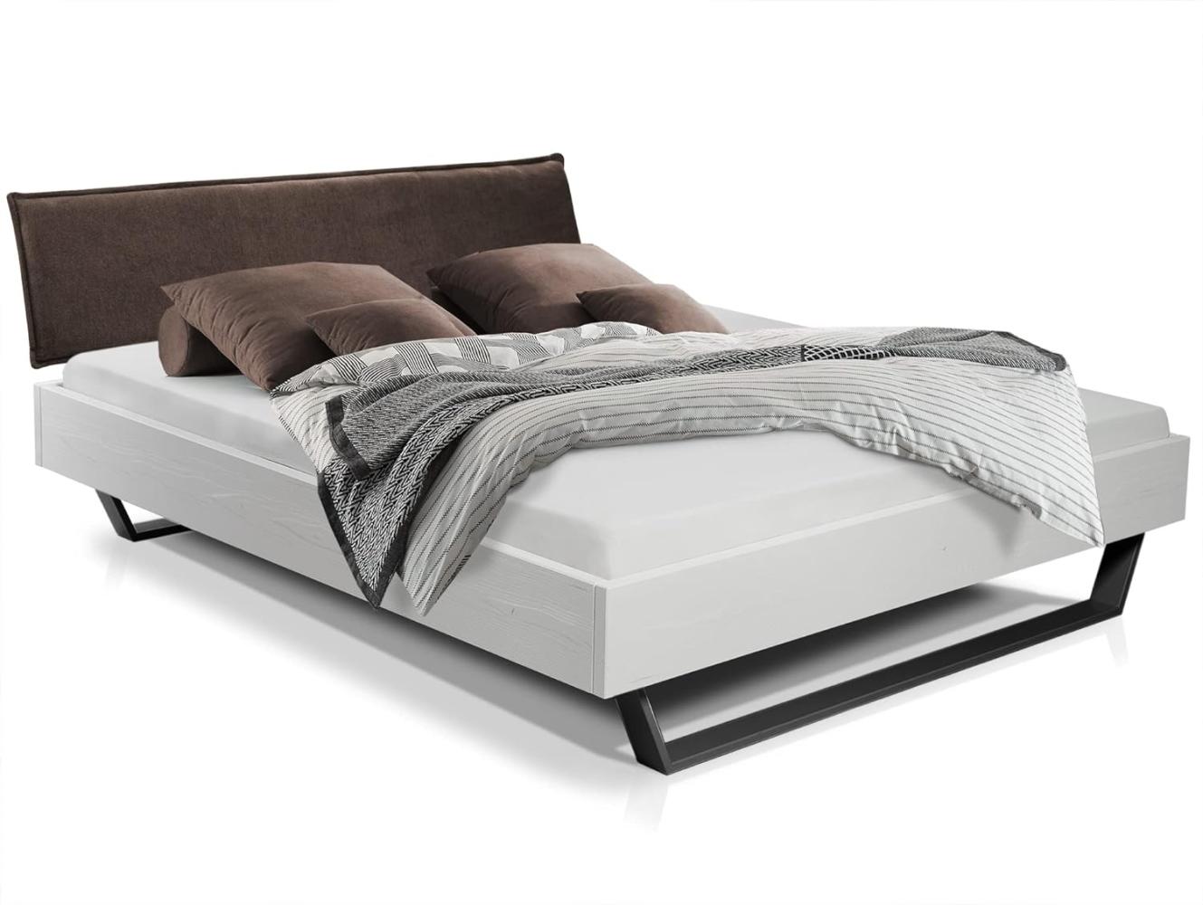 Möbel-Eins LUKY Kufenbett mit Polsterkopfteil, Material Massivholz, Fichte massiv, Kufen schwarz weiss 90 x 220 cm Stoff Braun Bild 1