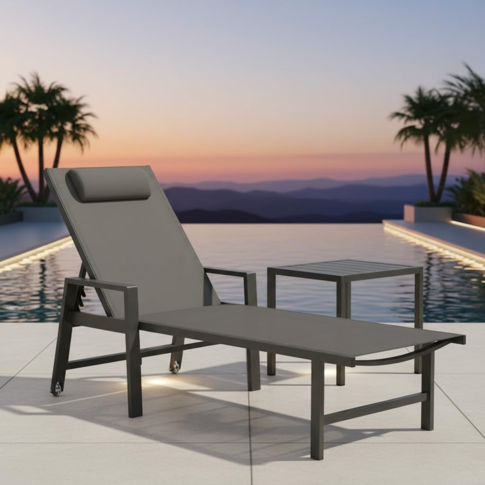 Mucola 1x Sonnenliege und Gartentisch Aluminium Gartenliege 200KG & Rollen wetterfest Teslin Klappliege Camping Terrassentisch Bild 1