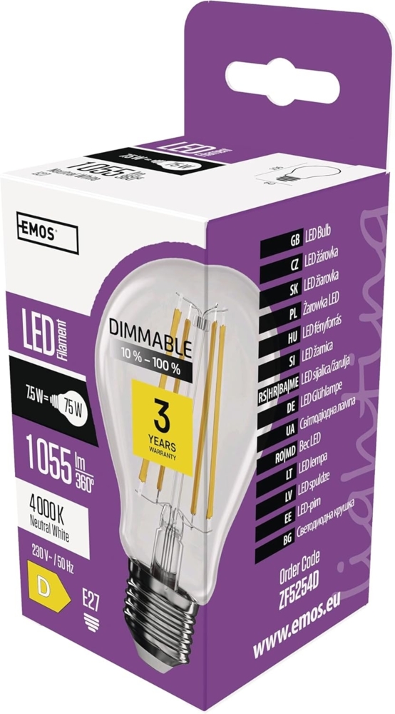 EMOS dimmbare Edison LED Lampe Filament A60, 7,5W Ersatz für 75W Glühbirne, Vintage-Stil mit E27 Sockel, Helligkeit 1055 lm, Neutralweiß 4000 K, 25000 Stunden Lebensdauer, CRI 80, 320° Abstrahlwinkel Bild 1