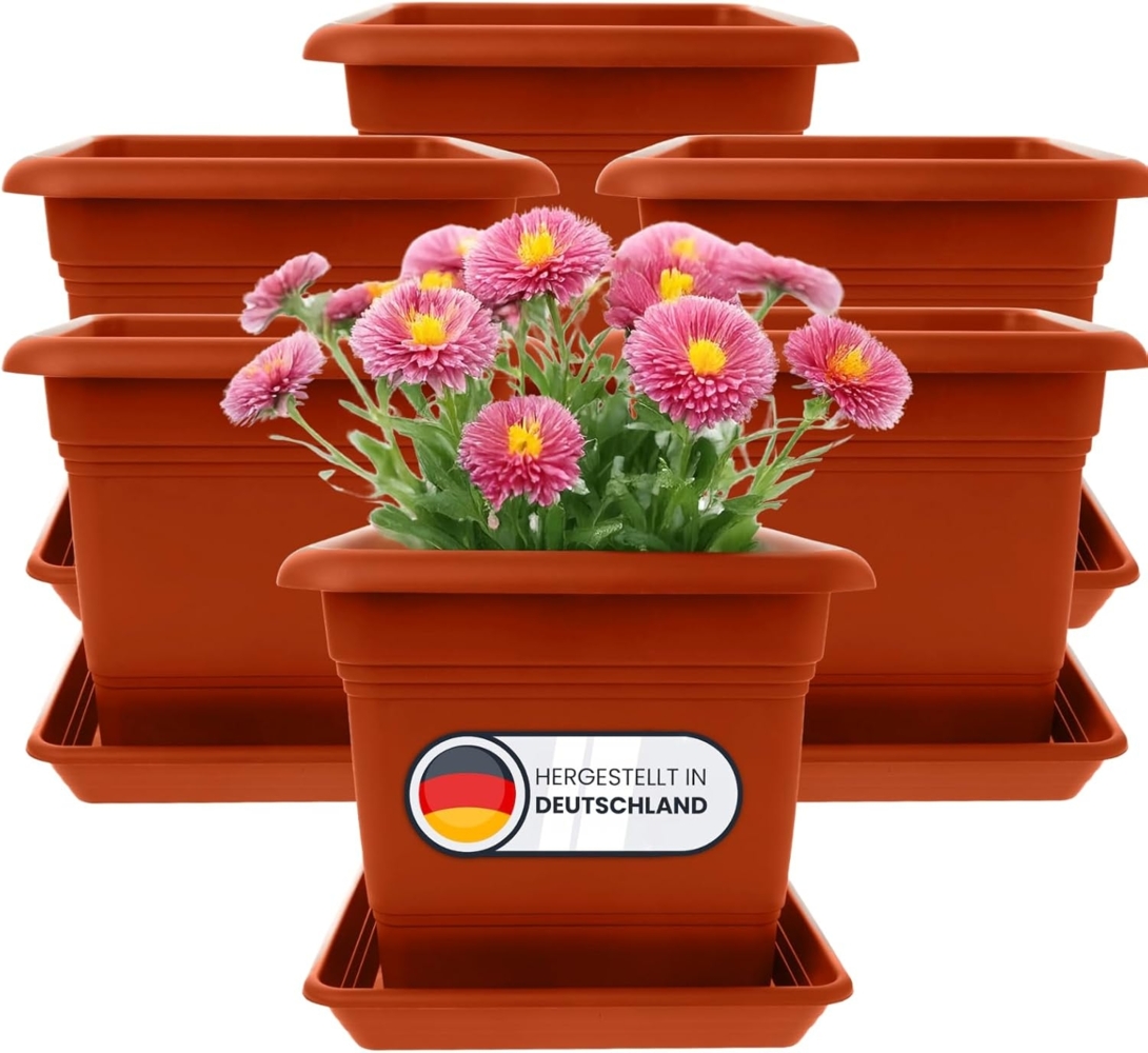 Centi Pflanzkübel Blumentopf Gross, Pflanzentopf Groß Außen Blumentopf mit Untersetzer (Set, 6 St, 40x40 cm aus Kunststoff in Terracotta), Pflanzkübel, Blumenkübel, Made in DE Bild 1