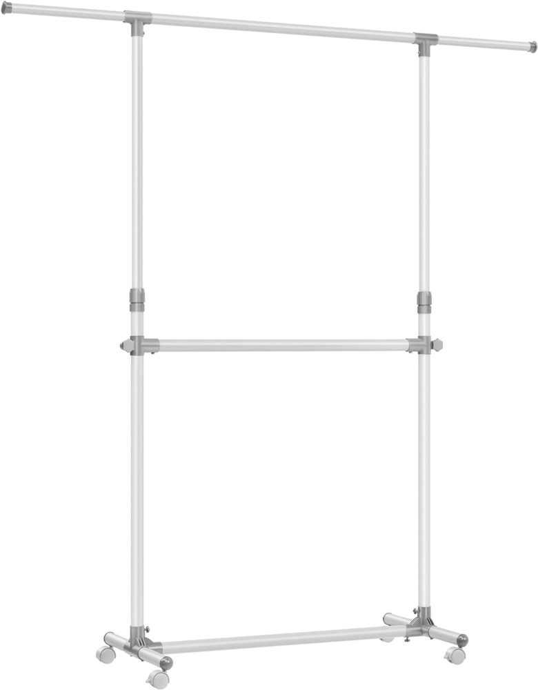 SONGMICS Kleiderständer mit 2 Kleiderstangen, ausziehbare Garderobenstange, mit Rollen, Garderobenständer, höhenverstellbar zwischen 113 und 180 cm, untere Stange verstellbar, weiß LLR401W01 Bild 1