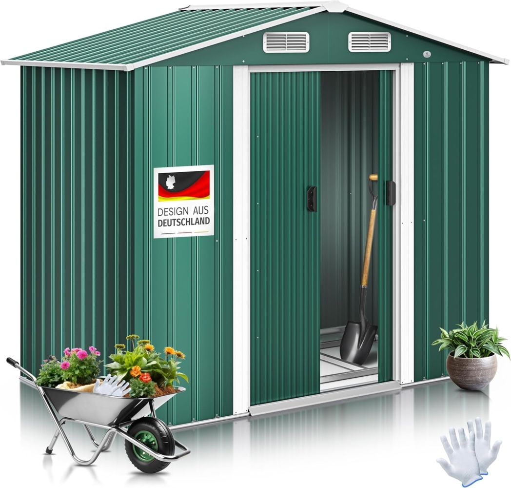 KESSER® XL Metall Gerätehaus 4,2m³ mit Fundament | inkl. Arbeitshandschuhe | 195 x 131 x 186 | 2x Schiebetür & Fundament | Geräteschuppen | Gartenhaus Schrank | Satteldachdach Garten Schuppen Grün Bild 1