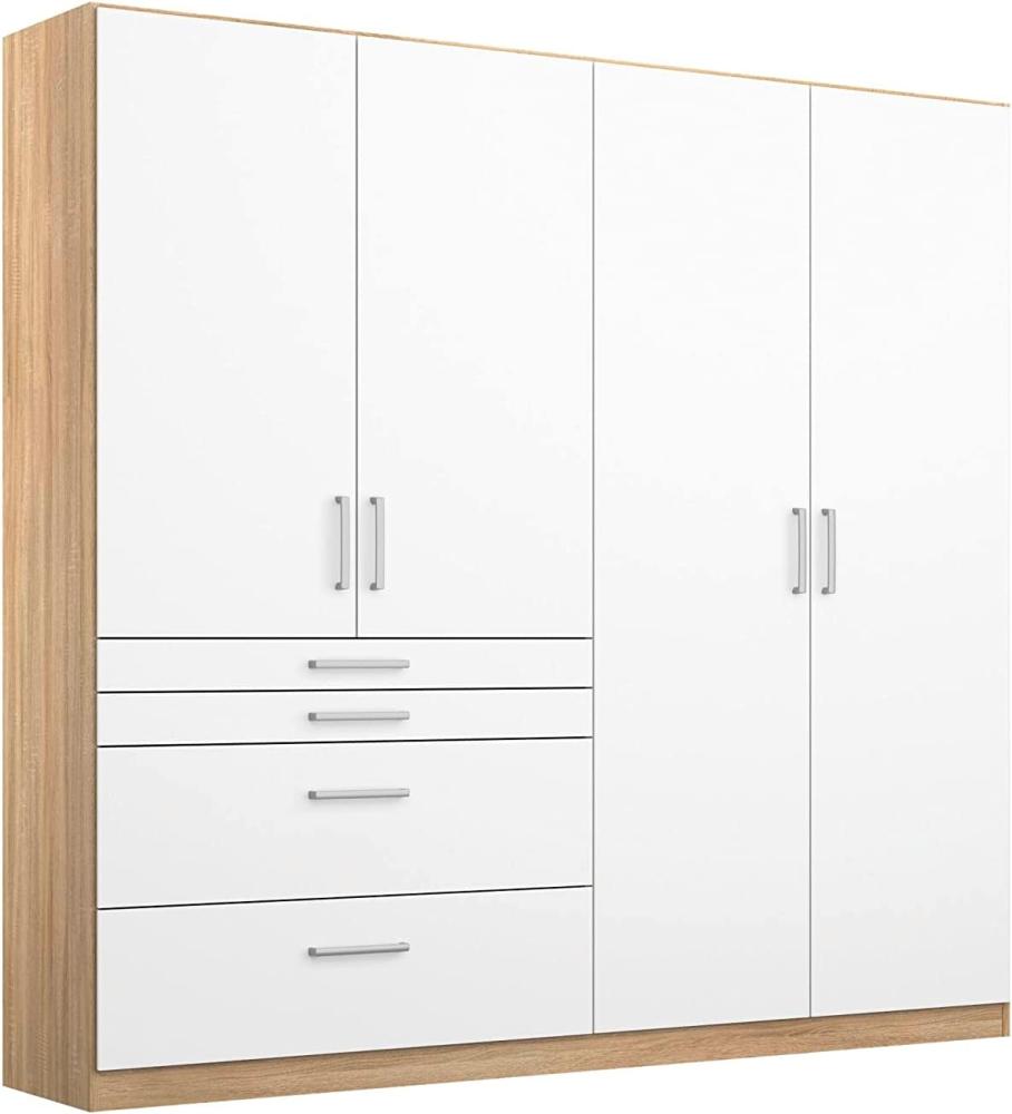 Rauch Möbel Harburg Schrank Kleiderschrank Drehtürenschrank Weiß/Eiche Sonoma 4-türig mit 4 Schubladen inklusive Zubehörpaket Basic 3 Einlegeböden, 1 Kleiderstange BxHxT 181x197x54 cm Bild 1