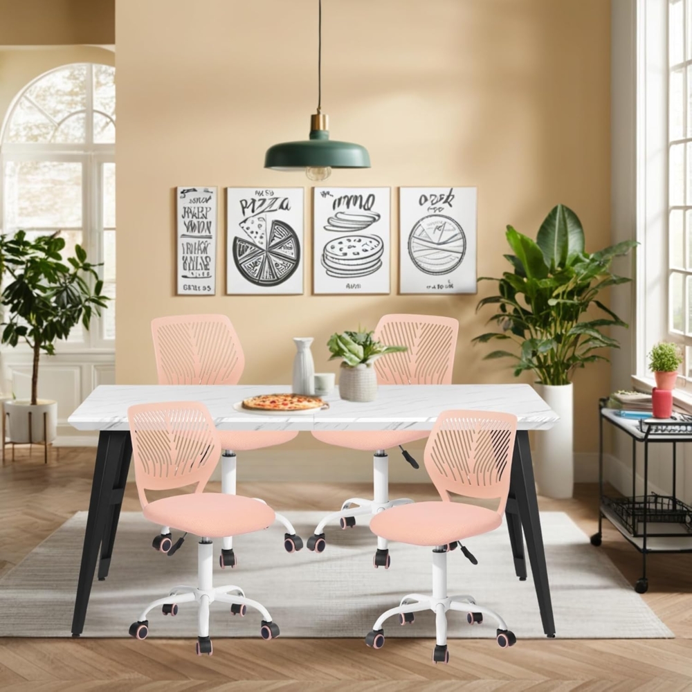 FurnitureR Esszimmergruppe Esstisch mit 4 Drehstühlen, Esstisch-Set, rechteckiger weißer Marmor-Stil Küchentisch und Esszimmerstühlen, Sitzgarnitur für Wohnzimmer, Küche, Büro, Pfirsich rosa(4) Bild 1