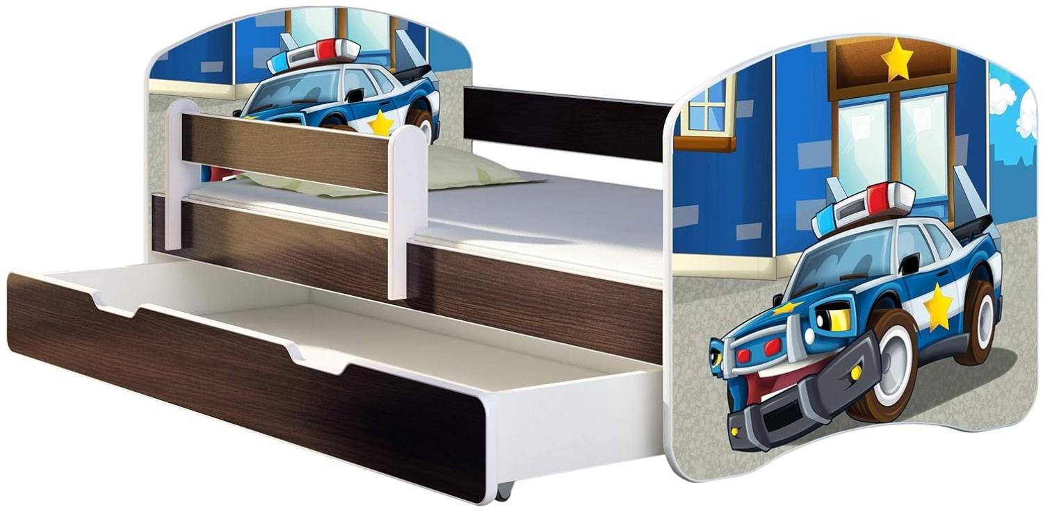 ACMA Kinderbett Jugendbett mit Einer Schublade und Matratze Wenge mit Rausfallschutz Lattenrost II 140x70 160x80 180x80 (38 Polizei, 140x70 + Bettkasten) Bild 1