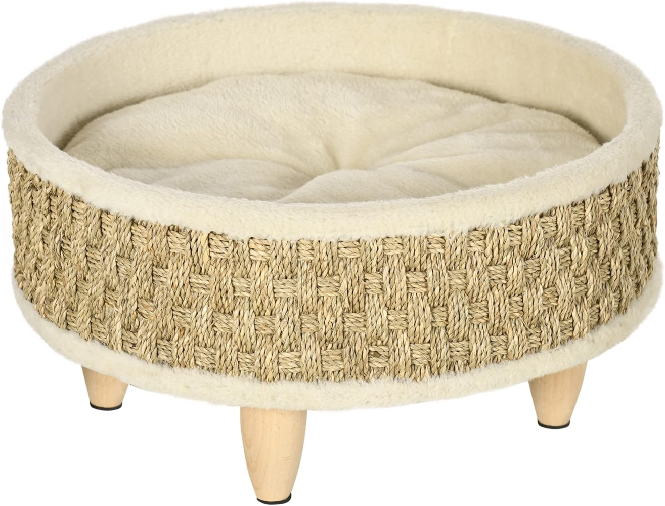 PawHut Tierbett Luxus Haustierbett mit waschbarem Kissen, Plüsch, Beige+Khaki, Ø48 x 24,5 cm Bild 1