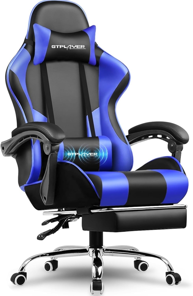 GTPLAYER Gaming Stuhl, Bürostuhl, Ergonomischer Pc Stuhl, Gaming Sessel mit Massagelendenwirbelstütze, Task Stühle mit Fußstütze und Kopfstütze, Blau Kunstleder Bild 1