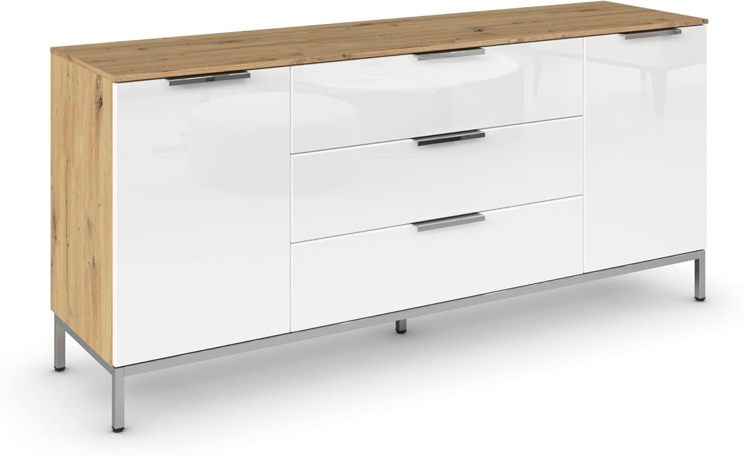 Rauch Möbel Flipp, Sideboard, TV-Schrank, Kommode mit Stauraum, mit Metallkufe Chrom, Eiche Artisan-Glasfront Weiß, Holz, 2-türig, Glastüren, 3 Schubladen, Griffe Chrom, 160 x 72 x 42 cm Bild 1