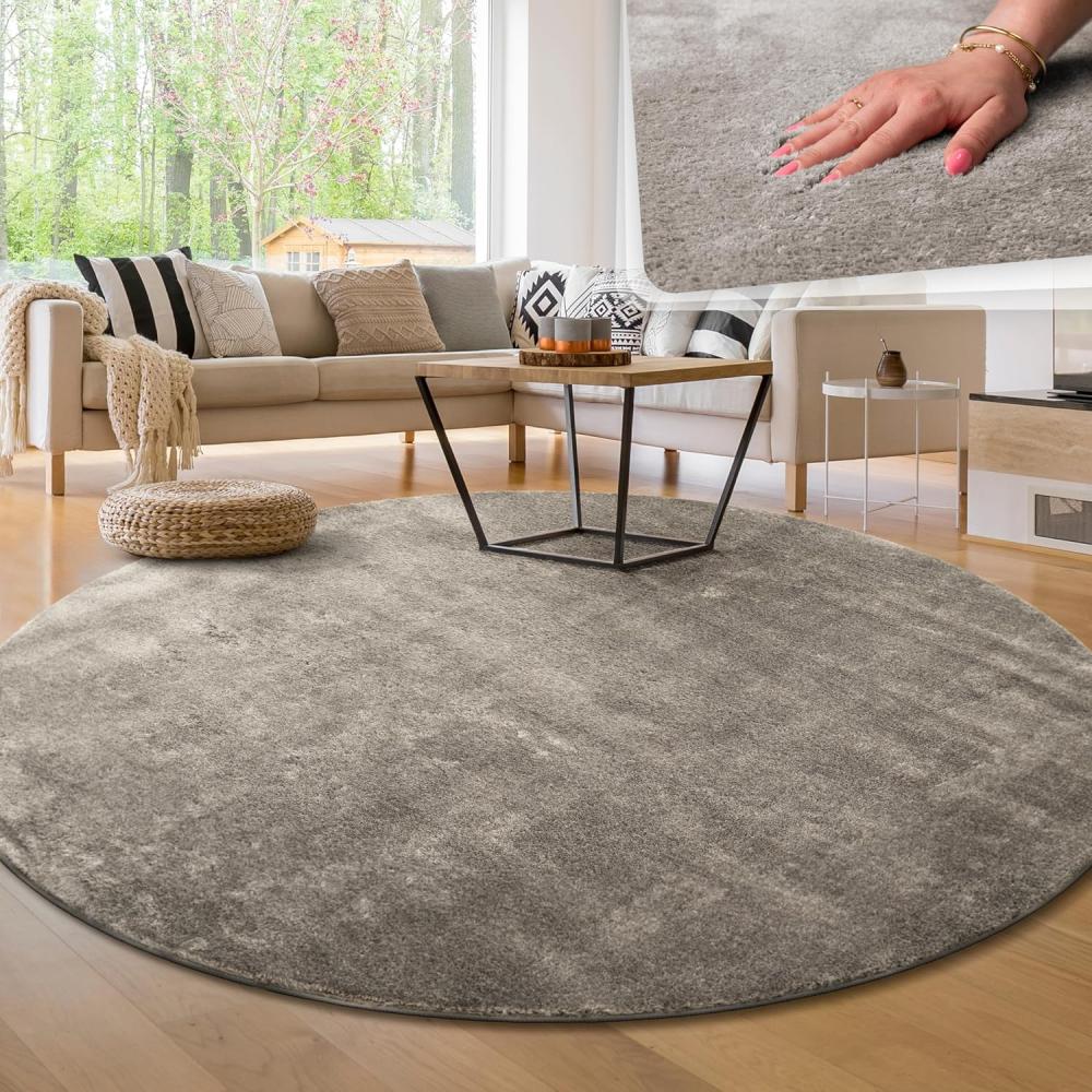 Paco Home Waschbarer Teppich Wohnzimmer Schlafzimmer Kurzflor rutschfest Flauschig Weich Moderne Einfarbige Muster, Grösse:160 cm Rund, Farbe:Grau Bild 1