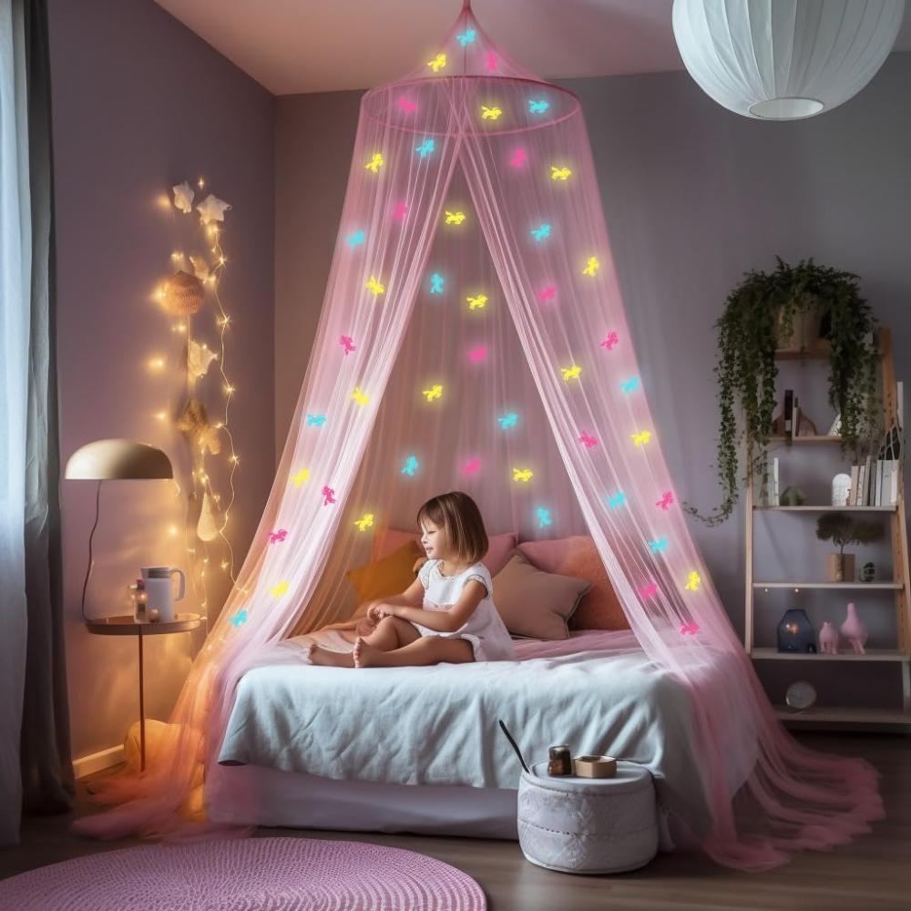 Rosa Betthimmel mit vorgeklebten leuchtenden Einhörner - Prinzessinen Moskitonetz für Mädchen Zimmerdekoration - Himmelbett Vorhänge für Kinder und Baby Bett Bild 1