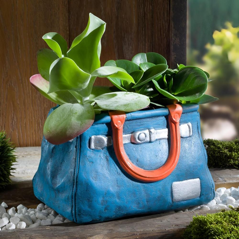 Blumentopf "Handtasche" aus Polyresin, blau, Pflanztopf in Taschenform, Pflanzgefäß, Gartendeko für Draußen, Pflanzschale Bild 1