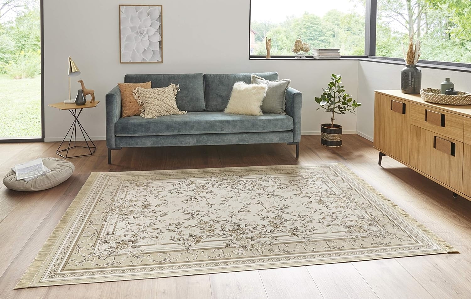 Orientalischer Samt-Teppich Fransen Antik Flowers Creme Beige - 95x140x0,5cm Bild 1